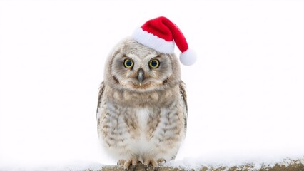 Adorable young owl wearing a Santa hat, standing on a snowy branch with copy space. Winter holiday cheer and festive animal art.