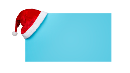Santa Claus Hat Hanging on Blue Banner Isolated on White and Png Transparent Background