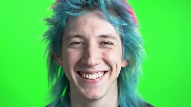 Expressive young man with vibrant blue hair against a green screen, perfect for creative projects and dynamic content marketing campaigns