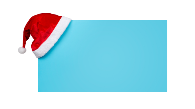 Santa Claus Hat Hanging on Blue Banner Isolated on White and Png Transparent Background