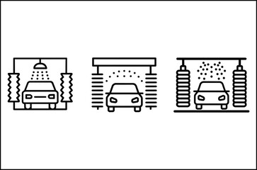 Three distinct stages of a car wash illustrated in a clean silhouette style