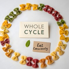 A circular arrangement of colorful vegan pasta shapes