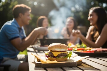 Burger on wooden table with people enjoying barbecue in background hamburger grill