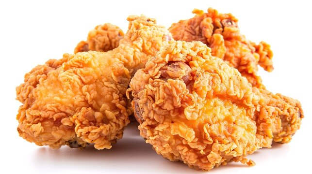 Crispy fried chicken drumsticks on white background with golden breading and seasoning