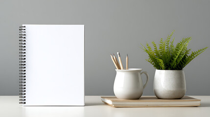 Blank white spiral notebook standing on desk with pencils in cup and green plant, minimalist office workspace mockup.