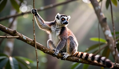 Fototapeta premium Lemur climbing a branch in a sunlit rainforest during the early morning hours