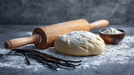 Baking setup with rolling pin, dough, vanilla pods, and powdered sugar on pale cool-grey background, spacious layout