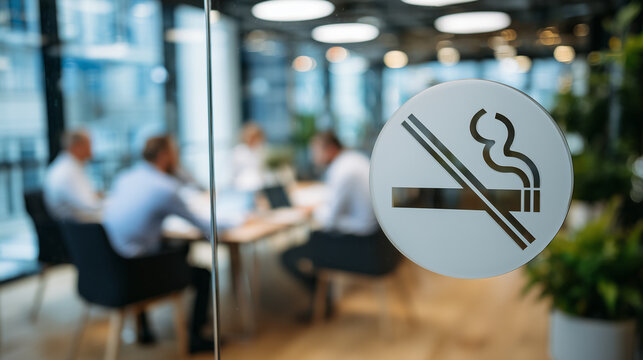 Prominent no smoking symbol on office door glass, background showing out-of-focus employees at table, contemporary office with minimalistic furniture, bright and airy setting
