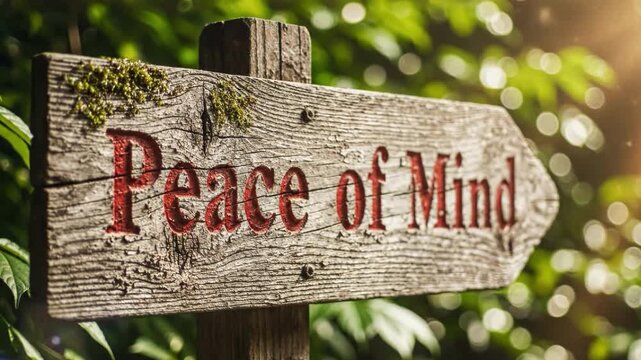 Wooden sign pointing right with peace of mind carved in red