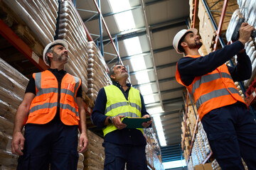 Warehouse workers team scanning pallets inspecting inventory