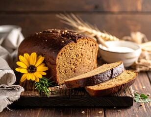 Rustic dark bread with sunflower and wheat, presented on wooden board