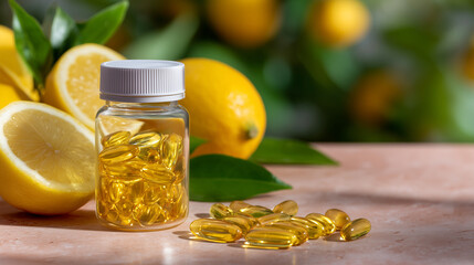 Vitamin C supplement bottle with scattered capsules and whole citrus fruits, soft sunlight illuminating textures, promoting health, nutrition, and daily wellness