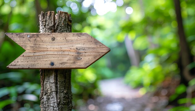 Wooden arrow sign pointing the way on a serene forest path, symbolizing decisions, guidance, and new beginnings in nature's beauty