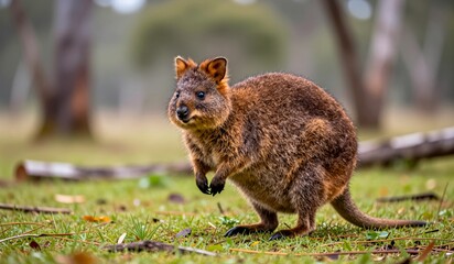 Curious quokka exploring the lush greenery of Australia during a sunny day in the tranquil forest