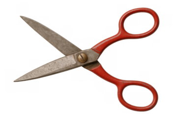 Old metal scissors featuring vibrant red handles and sharp blades, a classic cutting tool for various crafts and tasks