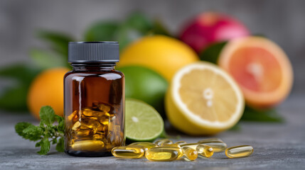 Close-up of vitamin C supplement bottle with scattered pills and colorful citrus fruits, bright and clean background, promoting health, wellness, and natural immune boosting
