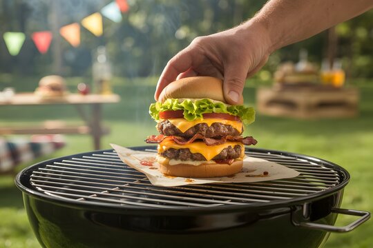 Hand placing double bacon cheeseburger on outdoor grill with colorful flags hamburger double burger