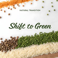 A flat lay arrangement of lentils and rice in a natural gradient