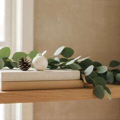 Elegant Holiday Still Life with Eucalyptus Garland and Linen Books