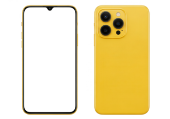 Modern yellow smartphone front and back view isolated on white background.