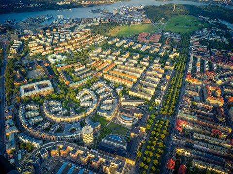 Aerial View Over Stockholm City at Golden Hour Summer Sunset