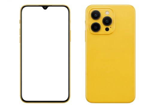 Modern yellow smartphone front and back view isolated on white background.