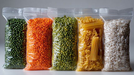 Assorted dry food goods in clear plastic bags standing on a white background, including split peas, lentils, pasta, white rice, and soybeans, neatly arranged to highlight pantry es