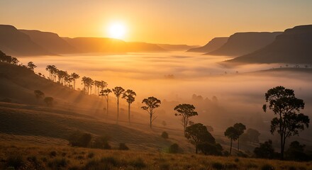 Sunrise over the misty valley with trees and mountains.