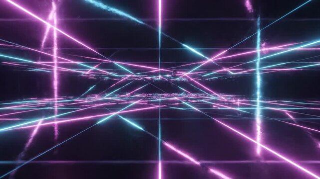 Geometric pattern formed by intersecting magenta and cyan neon light trails that flash and shift creating a minimalist futuristic grid display cyan neon light trails, digital art, abstract