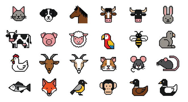 Vector pixel art animal icons set farm and wild animals illustration