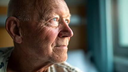 An older man with a thoughtful gaze, bathed in soft light, looks away. His serene expression suggests introspection and peace