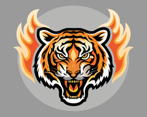Fierce tiger head with flames illustration