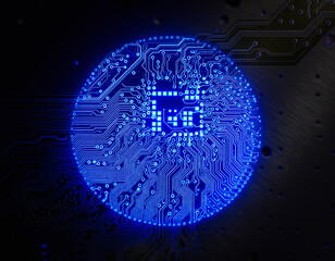 Futuristic digital design featuring a glowing blue circular circuit board pattern against a dark backdrop. Ideal for tech, innovation, and science concepts.