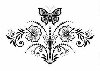 Elegant black and white floral butterfly design with swirls