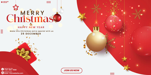 Naklejka premium Minimal Red and White color Christmas social media poster design template. Luxury Christmas festival illustration design vector with Xmas tree, 3D ball, snow, star, and light effect. Christmas banner