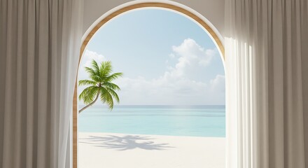 Tropical Paradise View Through Archway with Palm Tree and Ocean.