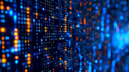 Digital Data Stream: Abstract of binary code with a futuristic vibe. This image highlights the flow of information. The blend of blue and orange hues enhances the technical mood