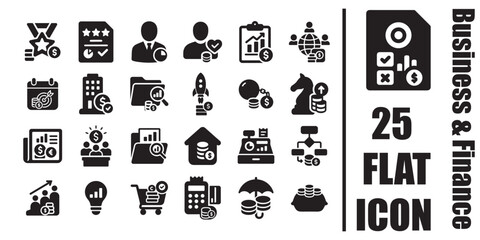 Business and finance flat black icon set of 25 glyphs with money growth banking payment insurance startup and management symbols 