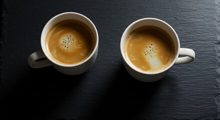 Two cups of coffee on a dark background.