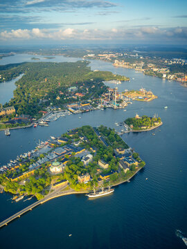 Aerial View Over Stockholm City at Golden Hour Summer Sunset