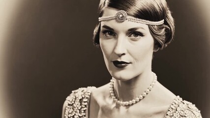 Vintage glamour shines through a sophisticated portrait of a woman in elegant attire from the 1920s