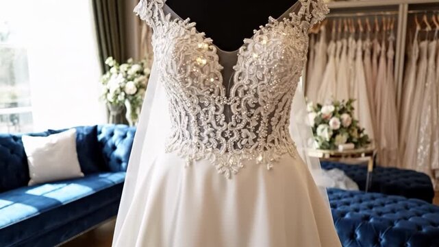 Elegant white wedding dress on display in a bridal boutique