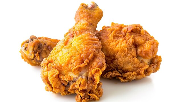 Crispy fried chicken drumsticks on white background with golden breading and seasoning