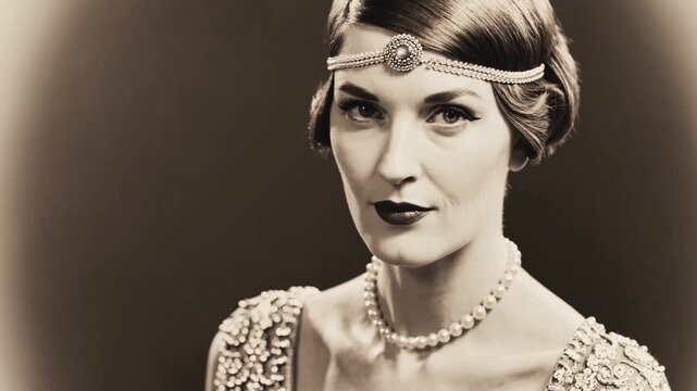 Vintage glamour shines through a sophisticated portrait of a woman in elegant attire from the 1920s