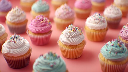 Decorated mini cupcakes scattered across pastel coral background, airy spacing with left empty zone