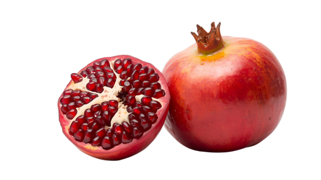 Fresh whole and halved pomegranate seeds fruit png transport background
