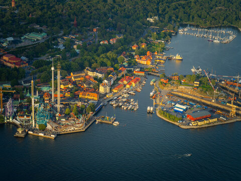 Aerial View Over Stockholm City at Golden Hour Summer Sunset