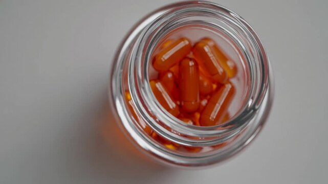 Orange capsules stored in clear glass jar for health supplement use and everyday wellness routine in a home setting