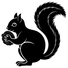 Black silhouette of a squirrel holding a nut with a bushy tail