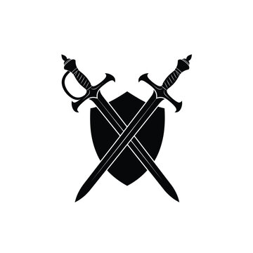 Two crossed swords and shield emblem silhouette